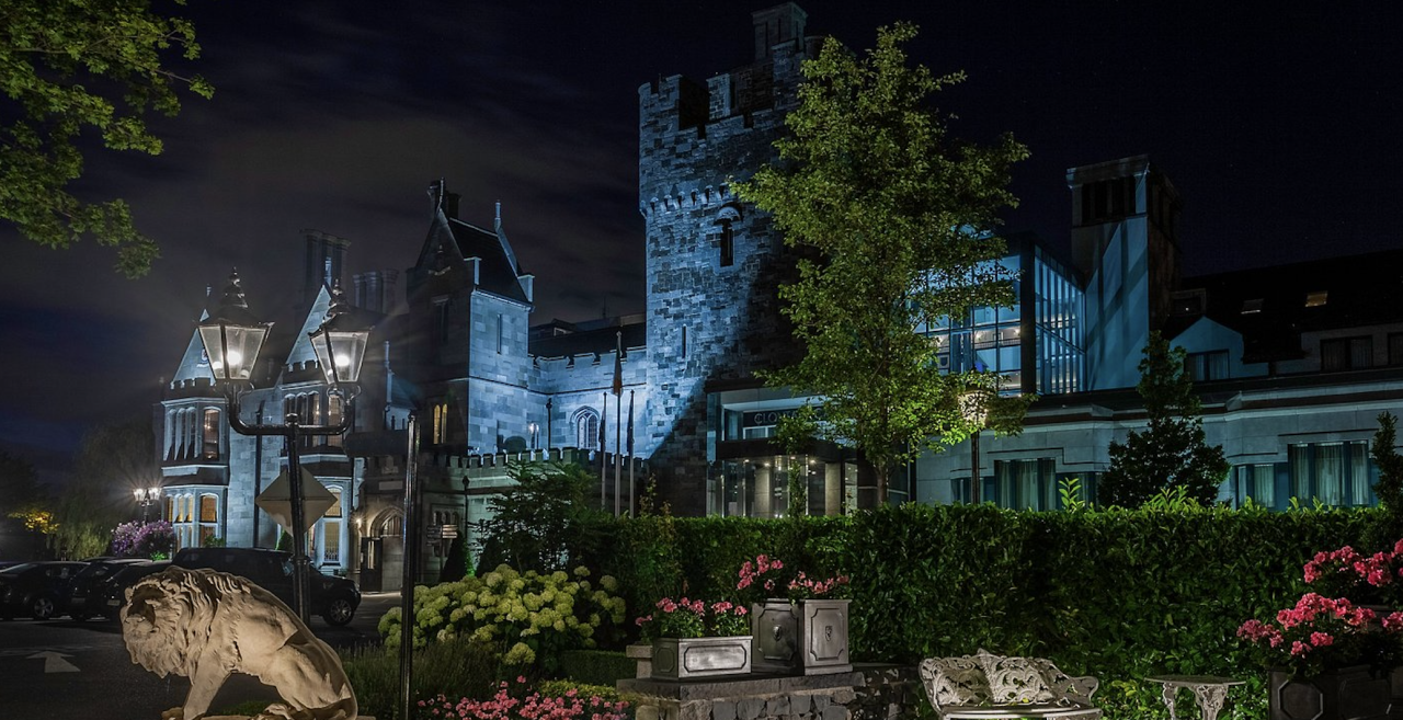 castle lit up at night
